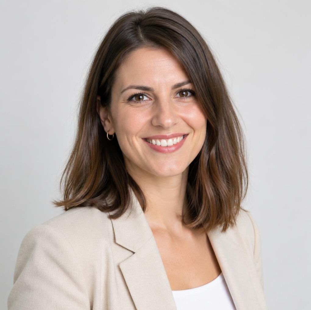Studio portrait of a smiling woman with shoulder length brown hair